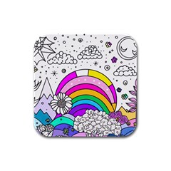 Rainbow Fun Cute Minimal Doodle Drawing Art Rubber Square Coaster (4 Pack) by Ravend