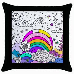 Rainbow Fun Cute Minimal Doodle Drawing Art Throw Pillow Case (black) by Ravend