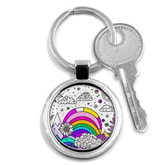 Rainbow Fun Cute Minimal Doodle Drawing Art Key Chain (round) by Ravend