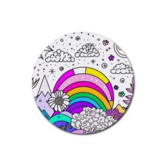 Rainbow Fun Cute Minimal Doodle Drawing Art Rubber Round Coaster (4 Pack) by Ravend