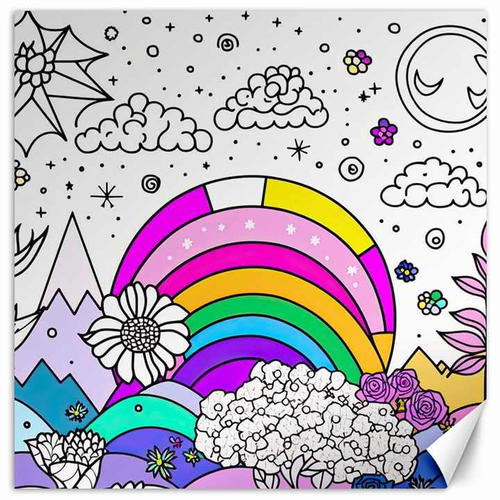 Rainbow Fun Cute Minimal Doodle Drawing Art Canvas 20  x 20 