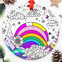 Rainbow Fun Cute Minimal Doodle Drawing Art Ornament (round Filigree) by Ravend