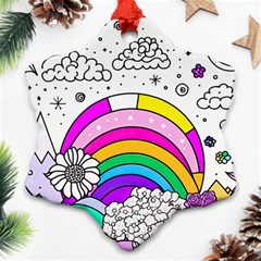 Rainbow Fun Cute Minimal Doodle Drawing Art Snowflake Ornament (two Sides) by Ravend