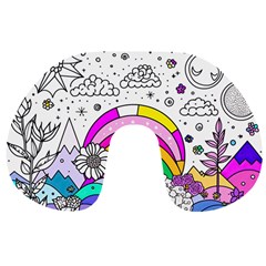 Rainbow Fun Cute Minimal Doodle Drawing Art Travel Neck Pillow by Ravend