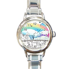 Rainbow Fun Cute Minimal Doodle Drawing Arts Round Italian Charm Watch by Ravend