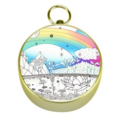 Rainbow Fun Cute Minimal Doodle Drawing Arts Gold Compasses by Ravend