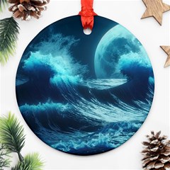 Moonlight High Tide Storm Tsunami Waves Ocean Sea Ornament (round) by Ravend