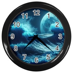 Moonlight High Tide Storm Tsunami Waves Ocean Sea Wall Clock (black) by Ravend