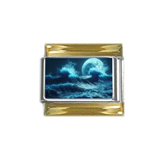 Moonlight High Tide Storm Tsunami Waves Ocean Sea Gold Trim Italian Charm (9mm) by Ravend