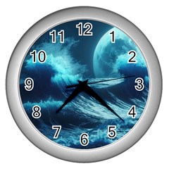 Moonlight High Tide Storm Tsunami Waves Ocean Sea Wall Clock (silver) by Ravend