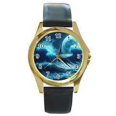 Moonlight High Tide Storm Tsunami Waves Ocean Sea Round Gold Metal Watch by Ravend