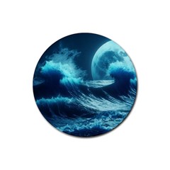 Moonlight High Tide Storm Tsunami Waves Ocean Sea Rubber Coaster (round) by Ravend