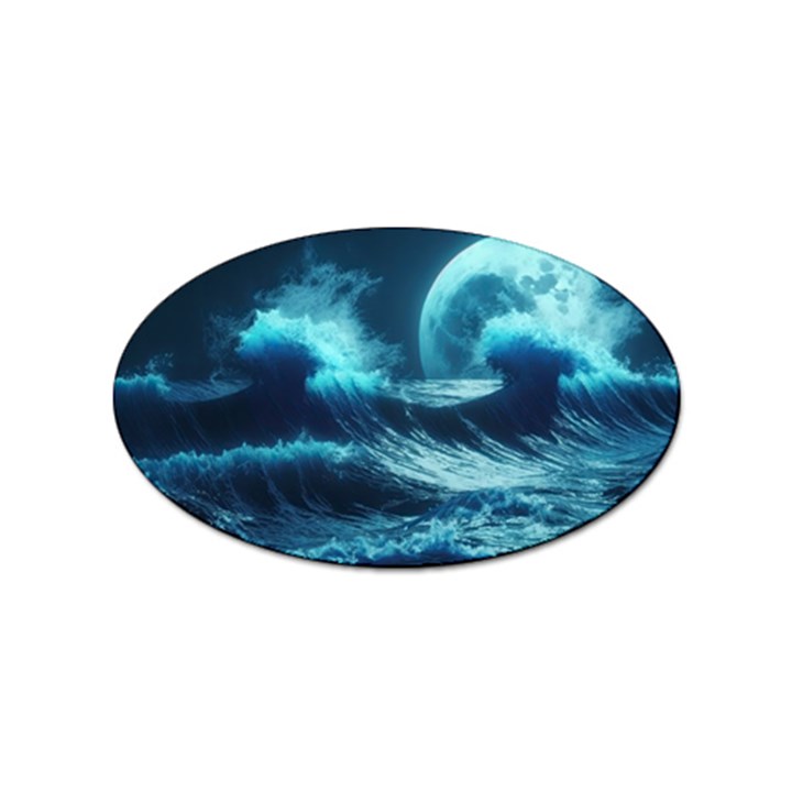 Moonlight High Tide Storm Tsunami Waves Ocean Sea Sticker (Oval)