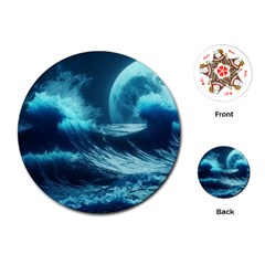 Moonlight High Tide Storm Tsunami Waves Ocean Sea Playing Cards Single Design (round) by Ravend