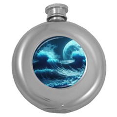 Moonlight High Tide Storm Tsunami Waves Ocean Sea Round Hip Flask (5 Oz) by Ravend