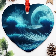 Moonlight High Tide Storm Tsunami Waves Ocean Sea Heart Ornament (two Sides) by Ravend