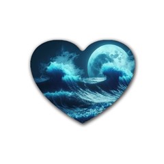 Moonlight High Tide Storm Tsunami Waves Ocean Sea Rubber Heart Coaster (4 Pack) by Ravend