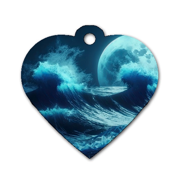 Moonlight High Tide Storm Tsunami Waves Ocean Sea Dog Tag Heart (Two Sides)