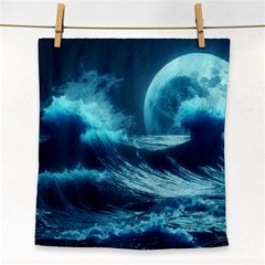 Moonlight High Tide Storm Tsunami Waves Ocean Sea Face Towel by Ravend