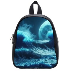 Moonlight High Tide Storm Tsunami Waves Ocean Sea School Bag (small) by Ravend