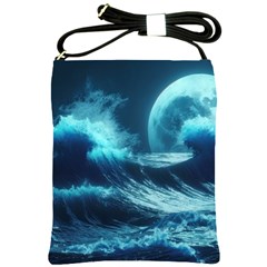 Moonlight High Tide Storm Tsunami Waves Ocean Sea Shoulder Sling Bag by Ravend