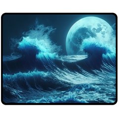 Moonlight High Tide Storm Tsunami Waves Ocean Sea One Side Fleece Blanket (medium) by Ravend