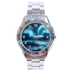 Moonlight High Tide Storm Tsunami Waves Ocean Sea Stainless Steel Analogue Watch by Ravend