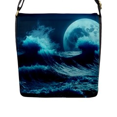 Moonlight High Tide Storm Tsunami Waves Ocean Sea Flap Closure Messenger Bag (l) by Ravend