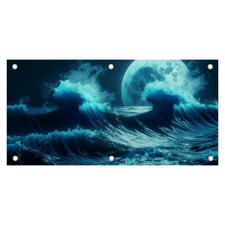 Moonlight High Tide Storm Tsunami Waves Ocean Sea Banner and Sign 6  x 3 