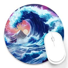 Storm Tsunami Waves Ocean Sea Nautical Nature Round Mousepad