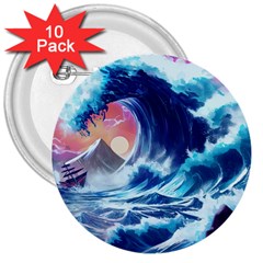 Storm Tsunami Waves Ocean Sea Nautical Nature 3  Buttons (10 pack) 