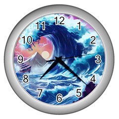 Storm Tsunami Waves Ocean Sea Nautical Nature Wall Clock (Silver)