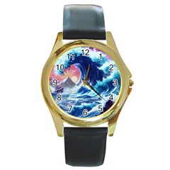 Storm Tsunami Waves Ocean Sea Nautical Nature Round Gold Metal Watch