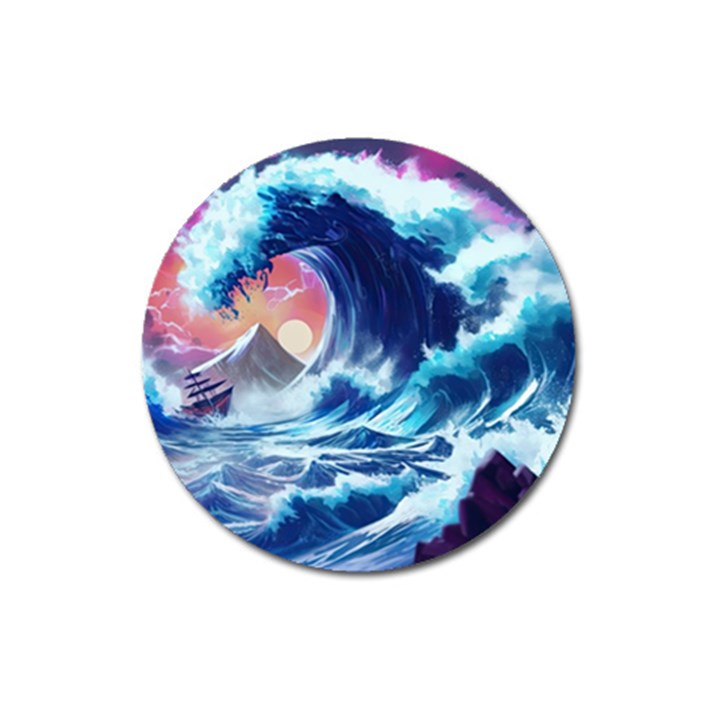 Storm Tsunami Waves Ocean Sea Nautical Nature Magnet 3  (Round)