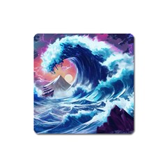 Storm Tsunami Waves Ocean Sea Nautical Nature Square Magnet by Ravend