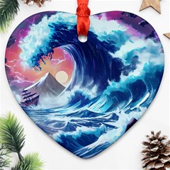 Storm Tsunami Waves Ocean Sea Nautical Nature Heart Ornament (two Sides) by Ravend