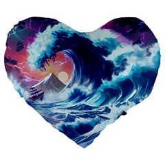 Storm Tsunami Waves Ocean Sea Nautical Nature Large 19  Premium Flano Heart Shape Cushions by Ravend