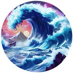 Storm Tsunami Waves Ocean Sea Nautical Nature Wooden Puzzle Round