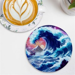 Storm Tsunami Waves Ocean Sea Nautical Nature Uv Print Round Tile Coaster by Ravend