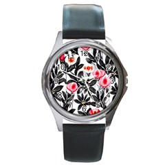 Beautiful Elegant Botanical Flowers Round Metal Watch by GardenOfOphir