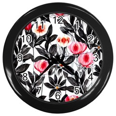 Beautiful Elegant Botanical Flowers Wall Clock (black) by GardenOfOphir