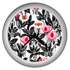 Beautiful Elegant Botanical Flowers Wall Clock (silver) by GardenOfOphir