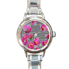 Pink Flowers Black Stripes Round Italian Charm Watch by GardenOfOphir