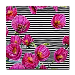 Pink Flowers Black Stripes Tile Coaster by GardenOfOphir