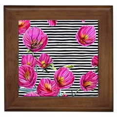 Pink Flowers Black Stripes Framed Tile by GardenOfOphir