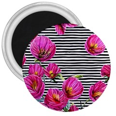 Pink Flowers Black Stripes 3  Magnets by GardenOfOphir