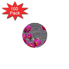 Pink Flowers Black Stripes 1  Mini Buttons (100 Pack)  by GardenOfOphir