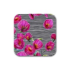 Pink Flowers Black Stripes Rubber Square Coaster (4 Pack) by GardenOfOphir