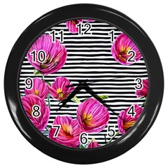 Pink Flowers Black Stripes Wall Clock (black) by GardenOfOphir