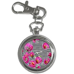 Pink Flowers Black Stripes Key Chain Watches by GardenOfOphir